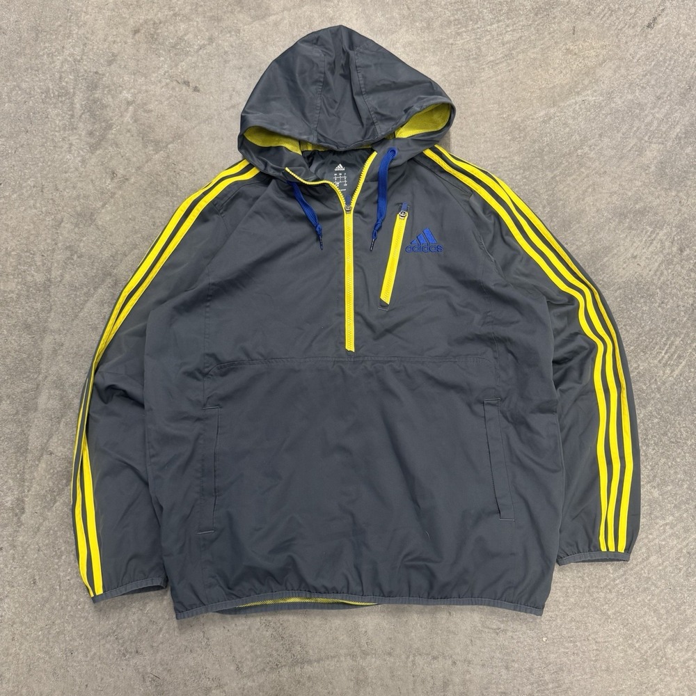 Adidas Half Zip Men's Large Jacket Grey/Neon Yellow Lightweight Hooded Lined L